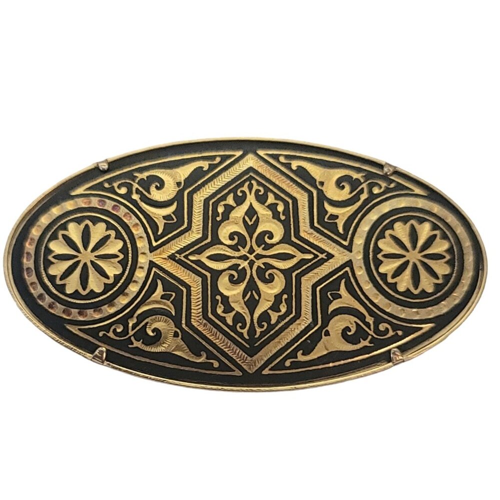 Vintage ia Midas of Toledo Trombone Clasp Oval Damascene Brooch Pin, Signed E956